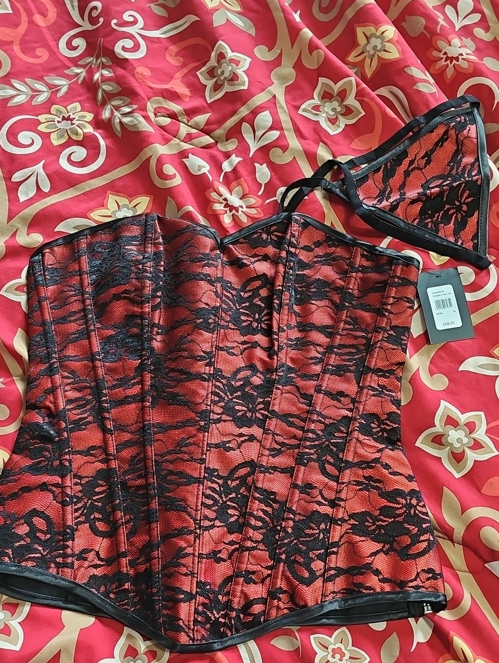 Frederick's of Hollywood Red Corset with Black Lace Overlay (B)
